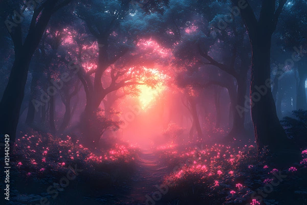Fototapeta A mystical forest at sunset bathed in deep amethyst hues. The scene captures the enchanting glow of twilight with vibrant purple tones