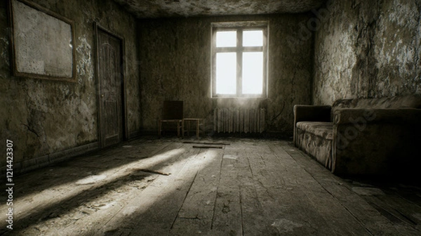 Fototapeta Abandoned House Interior with Mold Growing on Walls and Dusty Wooden Floor in Dim Light