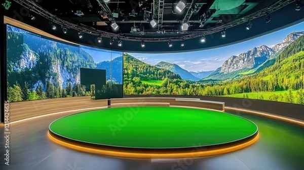 Fototapeta A virtual TV studio layout with a vibrant green screen background and advanced 3D elements for production use