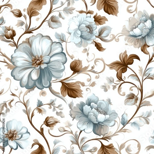 Fototapeta Elegant seamless floral pattern with light blue and brown flowers on white background.