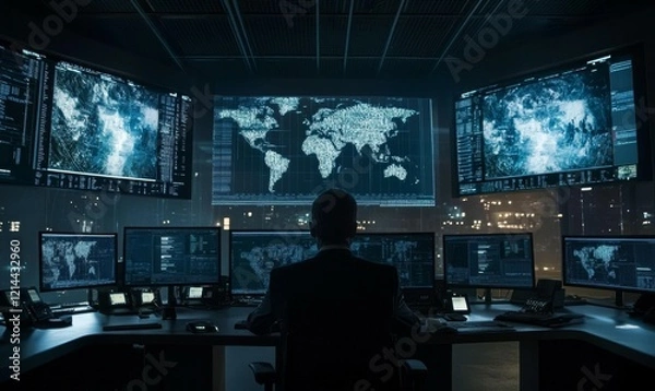 Fototapeta Control room with multiple screens displaying data and maps, showcasing focused individual monitoring security systems. atmosphere is intense and professional