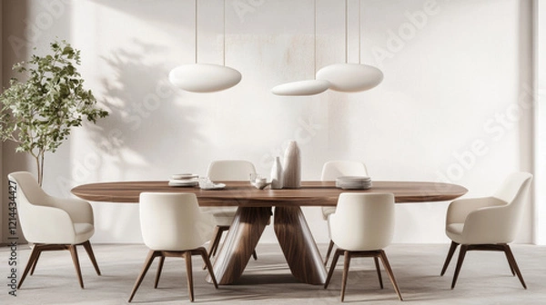 Fototapeta Stylish dining room with walnut wood table and cream chairs, featuring modern pendant lights and minimalist design. perfect blend of elegance and comfort