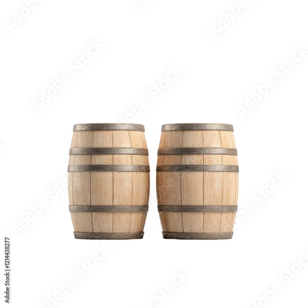 Fototapeta Two rustic wooden barrels arranged closely, ideal for beverage storage or decoration., isolated on a transparent background.