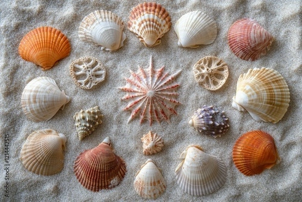 Fototapeta Beautiful arrangement of colorful seashells on sandy beach surface at sunset