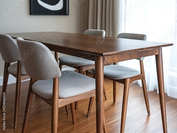 Fototapeta A close-up shot of a wood table in a minimalist interior dining room. Generative AI

