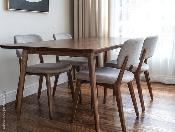 Fototapeta A close-up shot of a wood table in a minimalist interior dining room. Generative AI
