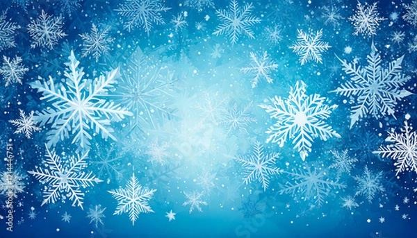 Fototapeta Gentle snowfall design with light blue and white snowflakes, complemented by abstract ice crystals and shimmering textures.