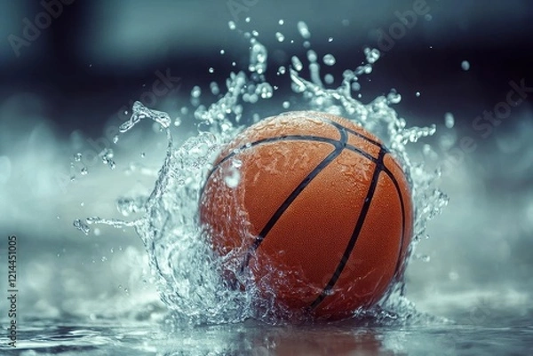Obraz basketball with splashes of water to form an illusion . A basketball splashes into water, creating ripples and droplets around it, capturing a moment of dynamic motion.