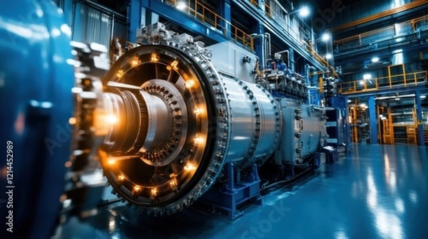 Fototapeta This image showcases a large industrial turbine with glowing lights, highlighting advanced engineering and the power of modern technology in manufacturing environments.