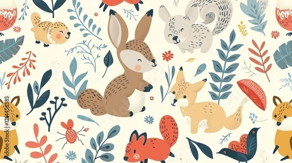Fototapeta A seamless pattern of cute woodland creatures and flowers on a light background.
