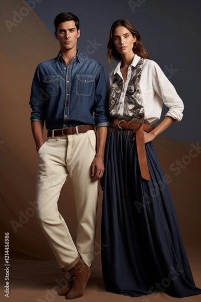 Fototapeta Two fashion models a man and a woman display luxurious safari inspired clothing in natural fabrics, and sophisticated designs, a couple evoking a sense of adventure and opulence