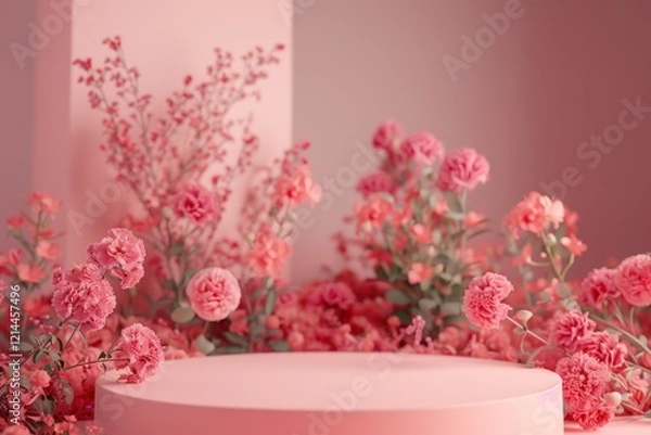 Fototapeta Soft Pink Floral Arrangement on Minimalist Display Platform