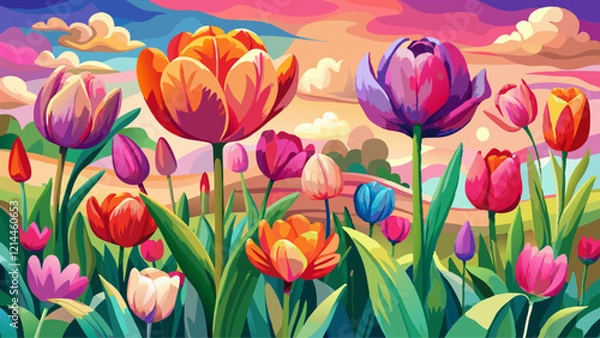 Fototapeta Colorful watercolor tulips in shades of pink create an eye-catching floral landscape ideal for spring-themed decor.