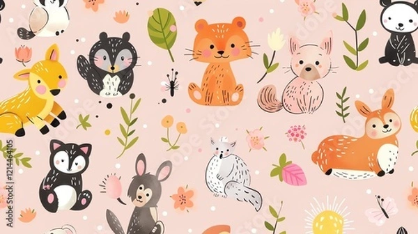 Fototapeta A cute, whimsical seamless pattern of woodland animals and flowers on a pale pink background.