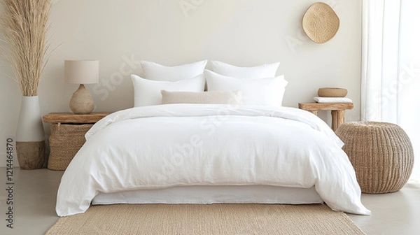 Fototapeta Serene bedroom with calming atmosphere, soft textures, and neutral colors