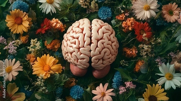 Fototapeta Top view of a human brain surrounded by vibrant spring flowers, symbolizing mental health, growth, and renewal in a colorful, calming design.