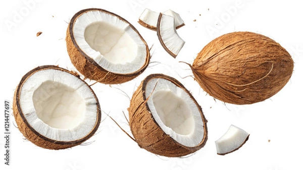 Obraz Falling coconuts pieces isolated on white background with clipping path, full depth of field