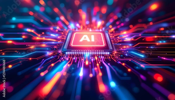 Fototapeta Futuristic AI Chip with Vibrant Neon Circuitry. A close-up, abstract representation of an AI chip set against a vibrant, neon-lit circuit board