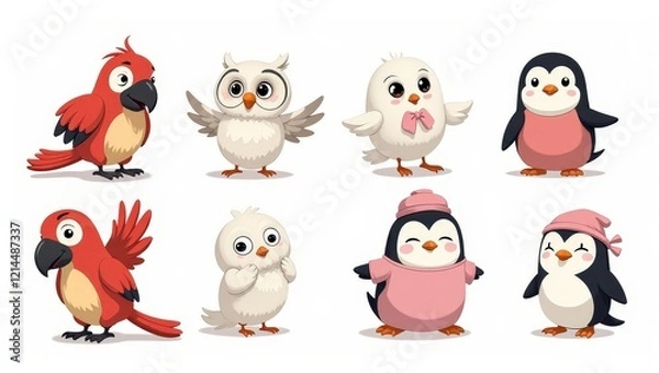 Fototapeta Six whimsical cartoon birds, each unique in color and size, pose playfully. A vibrant red parrot graces the top left corner, turning its head to the left, adding charm to the lively scene