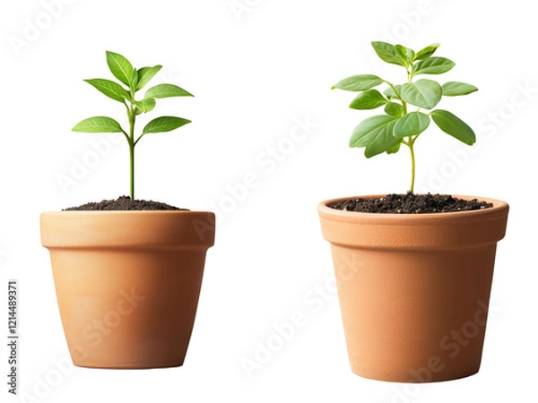 Fototapeta Set of a We broadcast small plant growing in a clay flower pot, isolated on transparent background.