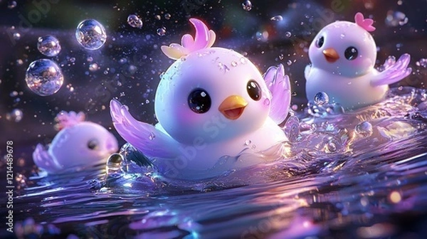 Fototapeta Three cute ducklings playing in water with bubbles.