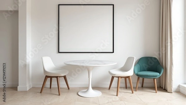 Fototapeta A pristine white marble dining set features two elegant chairs perched on either side, their crisp lines complemented by wooden legs. One chair boasts a striking teal seat for a pop of color against t