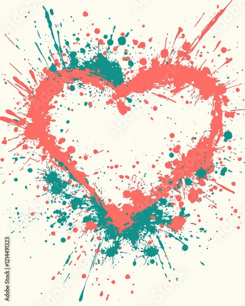 Fototapeta Heart shaped ink splatter in coral and teal on light background