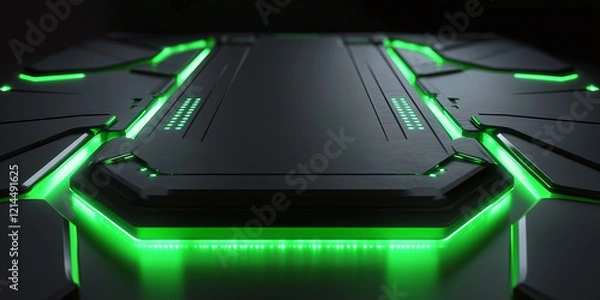 Fototapeta A futuristic black surface with glowing green neon lines forming an abstract technological pattern, highlighting a sleek and luxurious sci-fi design in a minimalist style.