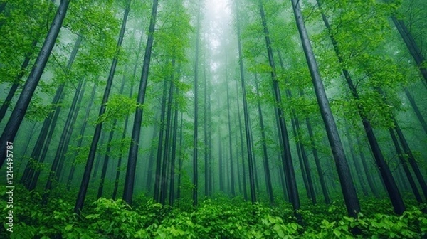 Fototapeta Lush Green Forest with Tall Trees and Soft Fog in Tranquil Environment
