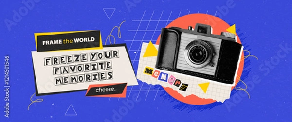 Obraz Retro grunge paper textured background with old retro halftone camera collage. Cutout magazine text, grunge hand drawn and doodle elements. Concept of freezing memories.