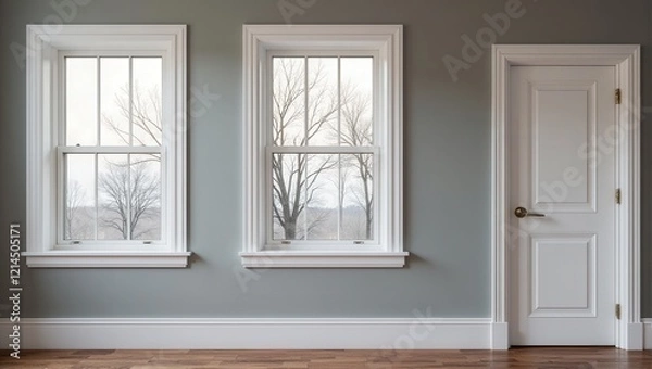 Fototapeta Serene interior with dual windows against a gray backdrop; left boasts crisp white frame, while center's adorned by a sleek door to the right, creating a harmonious balance