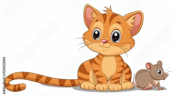 Fototapeta A cartoon illustration of a friendly cat and a mouse sitting side by side.