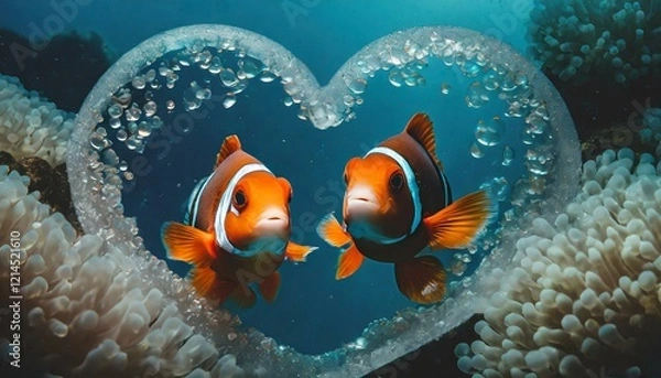 Fototapeta Clownfish couple side by side together posing in a heart-shaped bubbles frame - Valentine's Day concept