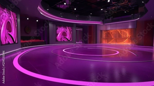 Fototapeta Futuristic purple studio with circular floor and abstract art.