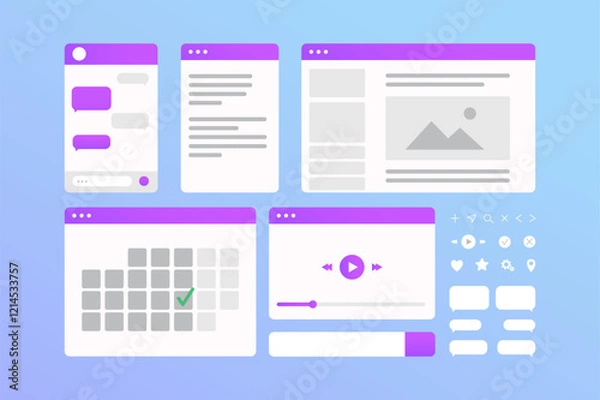 Fototapeta Web windows flat cartoon vector collection. Minimalistic simple style elements. Chat, list, web page, calendar, video, placeholder, and icons collection.