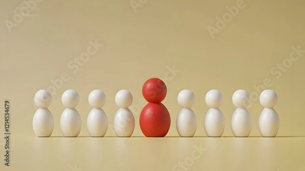 Fototapeta Minimalist wooden figures stand in row formation, featuring distinctive red figure among white ones against pale yellow background, illustrating leadership concept.
