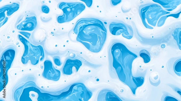 Fototapeta Blue ocean cartoon surface with white foam. Sea top view, nautical marine illustration. Soap bubbles, bath time, washing. Decorative abstract water backdrop with waves