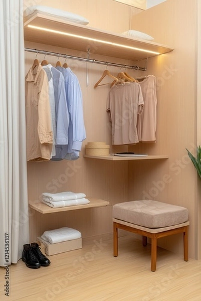 Fototapeta Modern closet with organized clothes and stylish seating area.