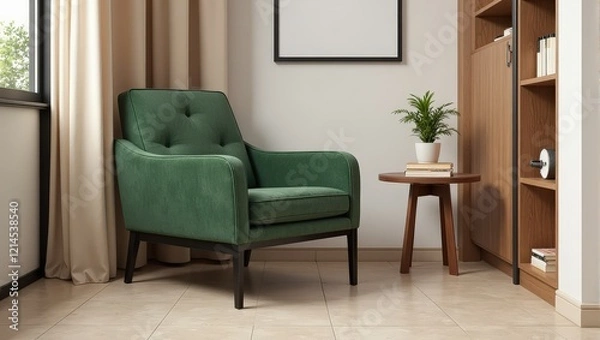 Fototapeta Velvety green armchair with elegant black wooden legs, showcasing a button-tufted backrest. Facing left, it's framed by soft beige curtains on one side, exuding timeless elegance