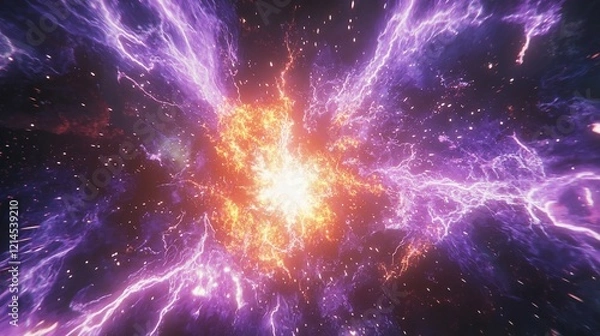 Obraz Fiery cosmic explosion with purple lightning.