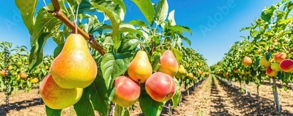 Fototapeta Ripe pears on tree orchard sunny day.  Farming, agriculture