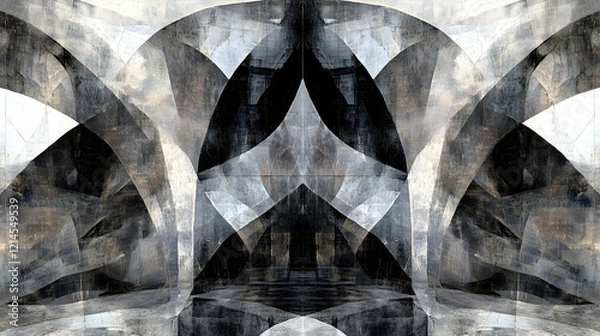 Fototapeta Abstract grayscale architectural design;  geometric shapes, textured surfaces, and a sense of depth create a modern, stylish image ideal for interior design.