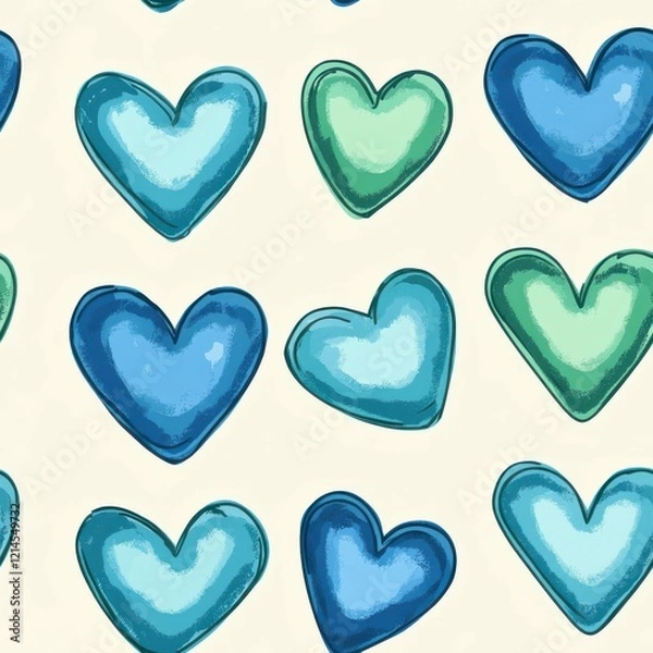 Fototapeta sapphire blue and aquamarine green hearts seamless pattern, repeating pattern, light beige background, valentine pattern, love