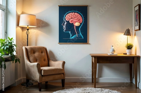 Fototapeta Relaxing Medical Psychologist Office Interior. Psychologist office, comfy armchair, desk, plant and brain poster on wall. Warm inviting style, soft light, neutral tones. 