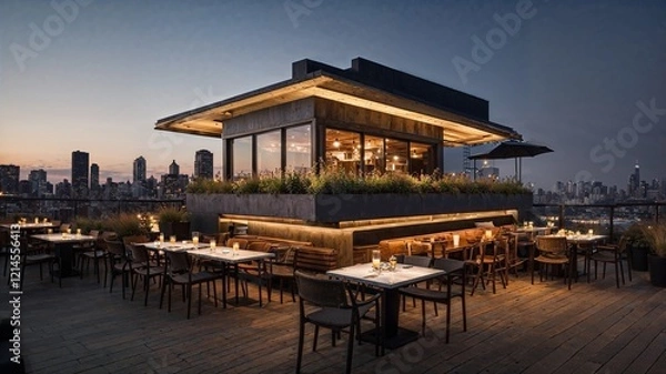 Fototapeta Rooftop cafe in the evening. Generative AI