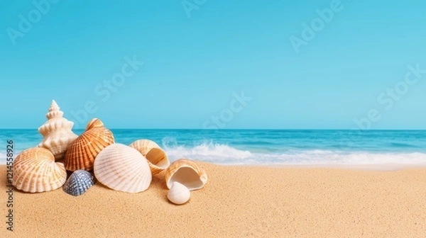 Fototapeta Beautiful Shells Lying on Sandy Beach with Ocean Under Clear Sky