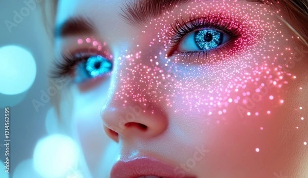 Obraz A close-up of the face of an attractive woman with beautiful eyelashes, on which there is a glowing digital network made up of bright blue and pink dots, against a light background