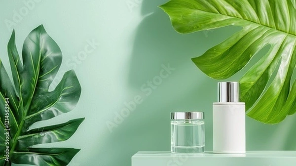 Fototapeta Lush Tropical Monstera Leaves on Minimalist Green Background for Nature Inspired Design