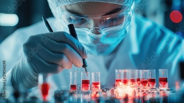 Fototapeta Scientist Conducting Scientific Experiment in Medical Laboratory with Glassware
