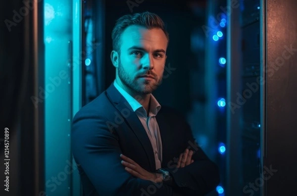 Fototapeta A handsome man in a suit, arms crossed and standing inside the server room with blue lights. The background is dark gray,